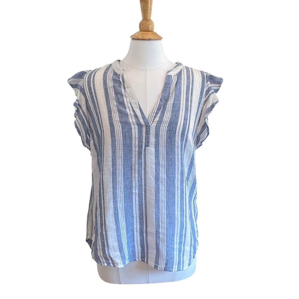 Old Navy Linen Cotton Blue Striped Short Flutter Sleeve Popover Top, Size M